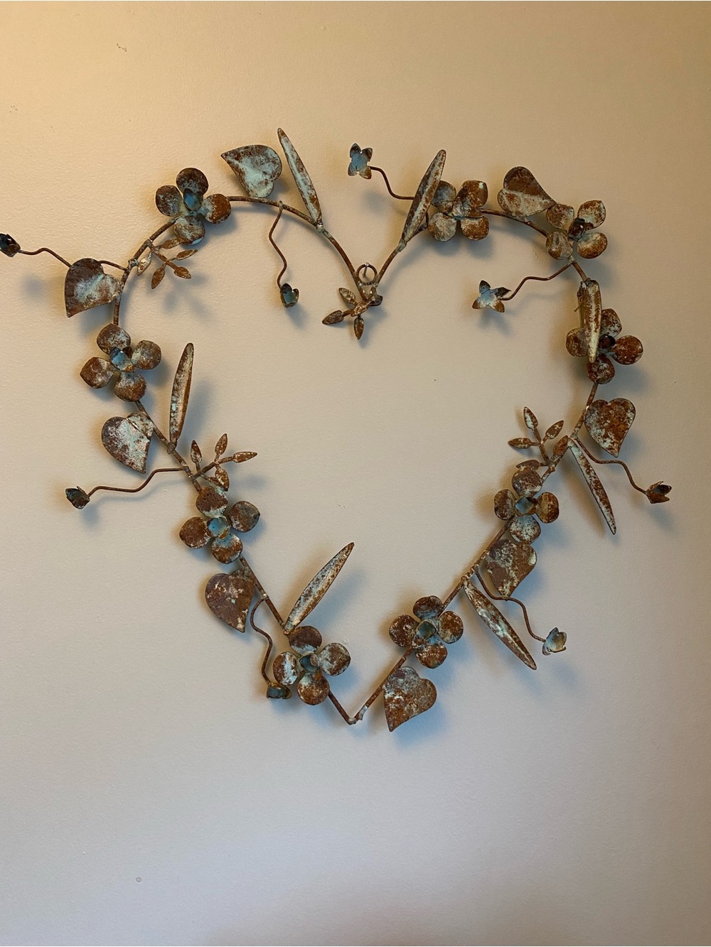Anthropologie Rusted Turquoise Heart Floral Wall or Door Decor